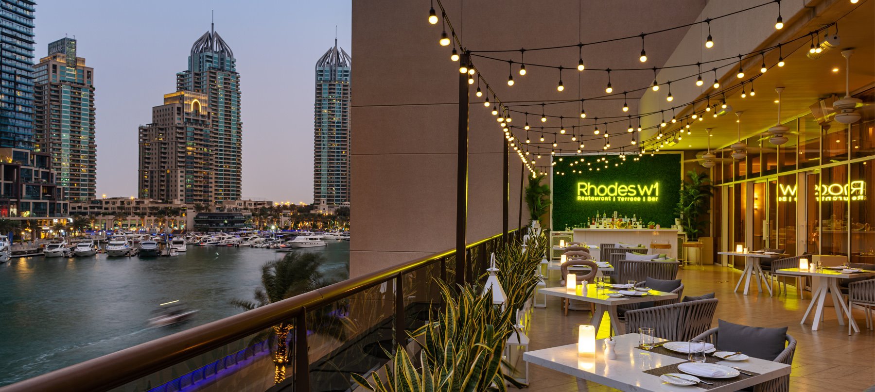 Elegant interior of Rhodes W1 Restaurants in Dubai